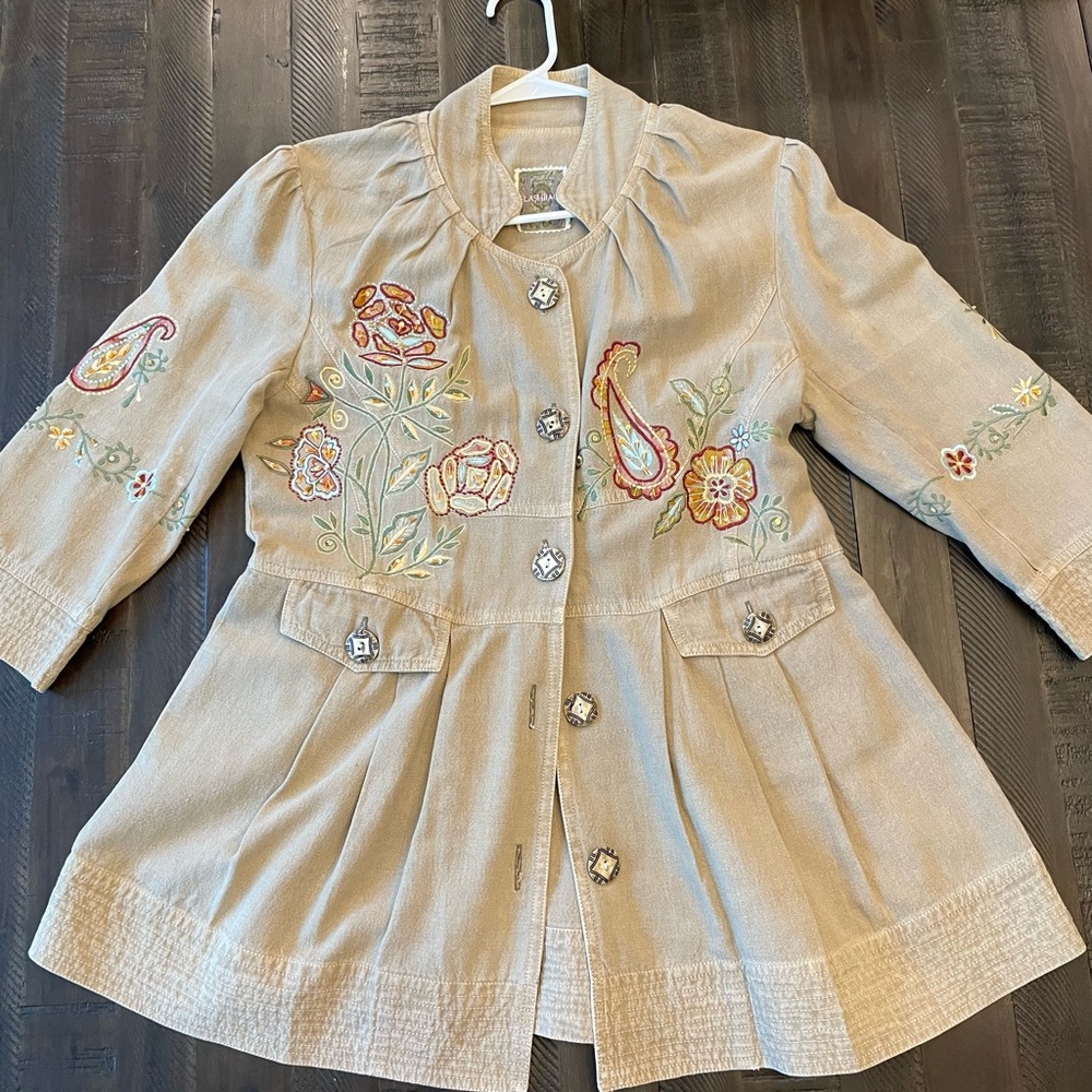 Nehru neck Tan A-Line Denim Jacket with Floral Embroidery